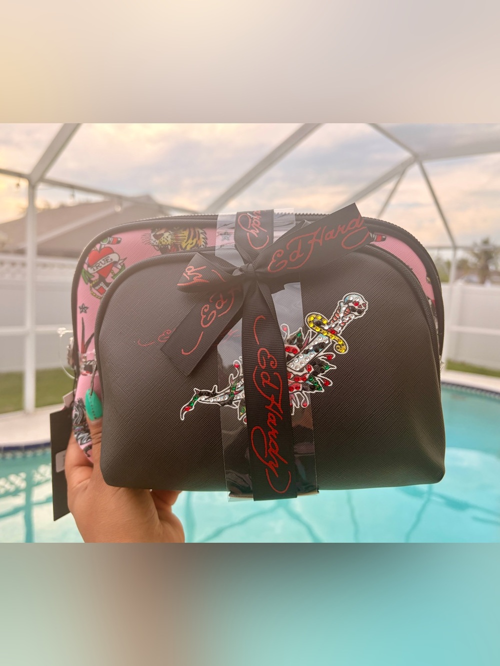 Ed Hardy Black & Pink Cosmetic Pouch with Tattoo Graphic -Set of 2-you know-NWT